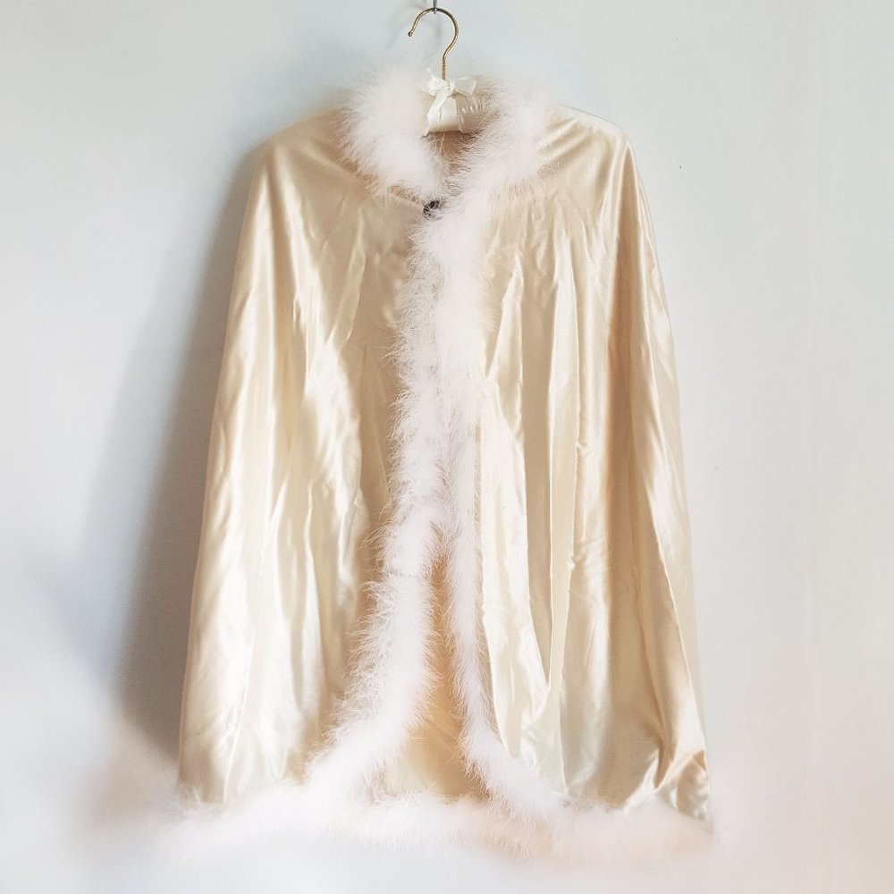 Vintage Satin and Feather Cape, Vintage White Fur Wedding Stole, Fur Shawl
